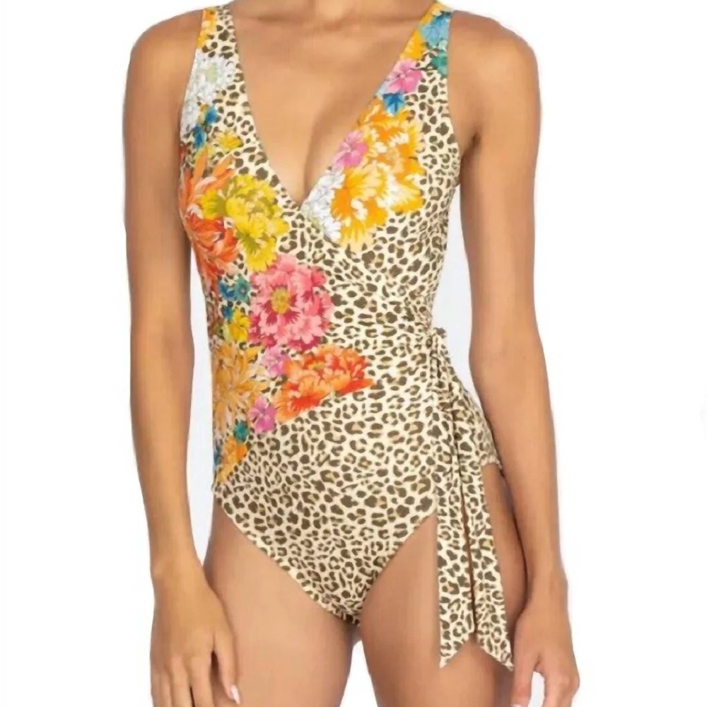 Johnny Was Cream and Leopard Print Swimsuit